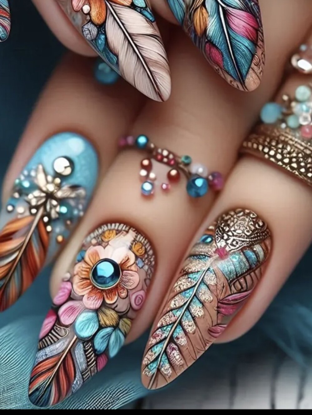 Bohemian Vintage Look Almond Shape Mandala Press On Nails NWT